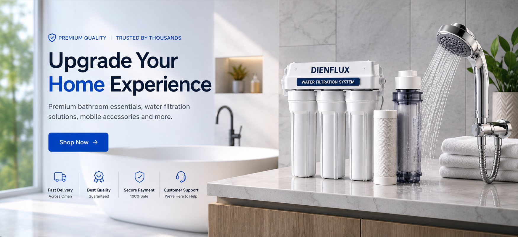 Dienflux water filtration system on a bathroom counter with showerhead and towels in the background.